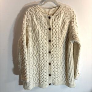 FISHERMAN CABLE KNIT Sz L Cardigan Handmade Contrasting Button Wool Blend Chunky